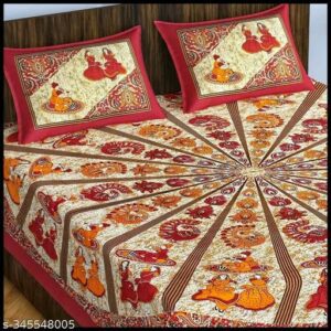 Jaipuri Pure Cotton Double Fitted Bedsheet With 2 Pillow Cover